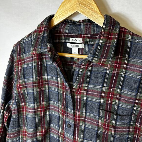 L.L. Bean Grey Stewart Tartan Plaid Relaxed Fit Flannel Shirt Size L - Picture 4 of 12